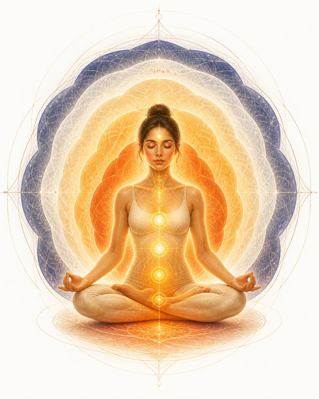 A meditating figure surrounded by five luminous energy layers representing the pancha kosha framework